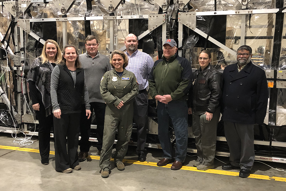 Durham School faculty Kelli Herstein (far left) and Terry Stentz (third from right) joined with personnel from the U.S. Air Force and University of Nebraska Medical Center for a simulated mission in 2018.