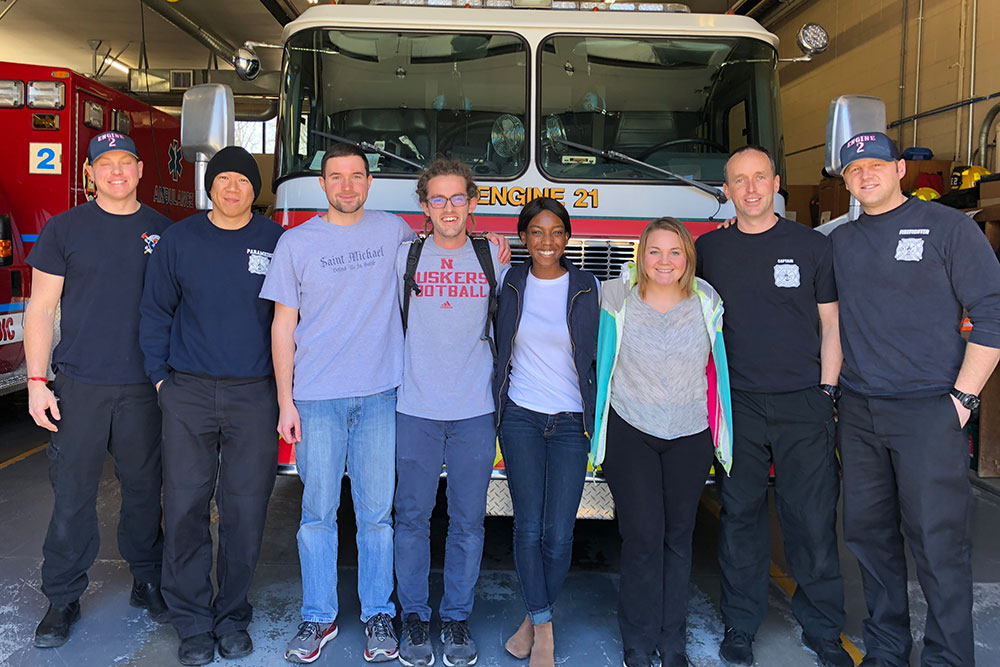 A team of biological systems engineering students – (starting third from left) Nicholas Seier, Hunter Miller, Catelyn Evans and Alexis Woodward – teamed up with paramedics from Lincoln Fire and Rescue Station 2 –  firefighter Cody Madsen (far left), paramedic Thien Dang (second from left), Capt. Ryan Murphy (second from right) and firefighter Tyler Barry (far right)  – to learn about intubation as they developed a device that could help first responders perform intubations of patients in emergency situation