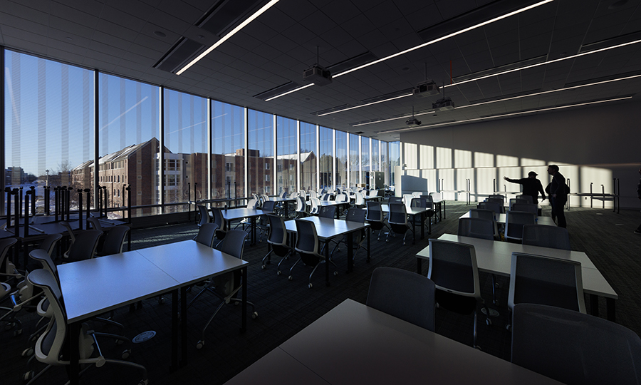The more than 15 classrooms in Kiewit Hall are designed with flexibility in mind - all the furniture can be moved - to create optimal learning environments for the next generation of engineers. (Craig Chandler / University Communication & Marketing)