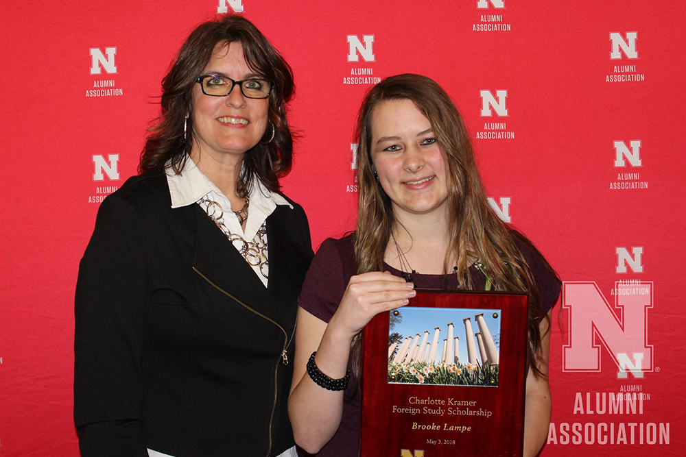 Brooke Lampe (right), a sophomore in software engineering, received the Charlotte Kramer Foreign Study Scholarship at the May 3 Alumni Honors Night at Nebraska Innovation Campus. (Nebraska Alumni Association photo)