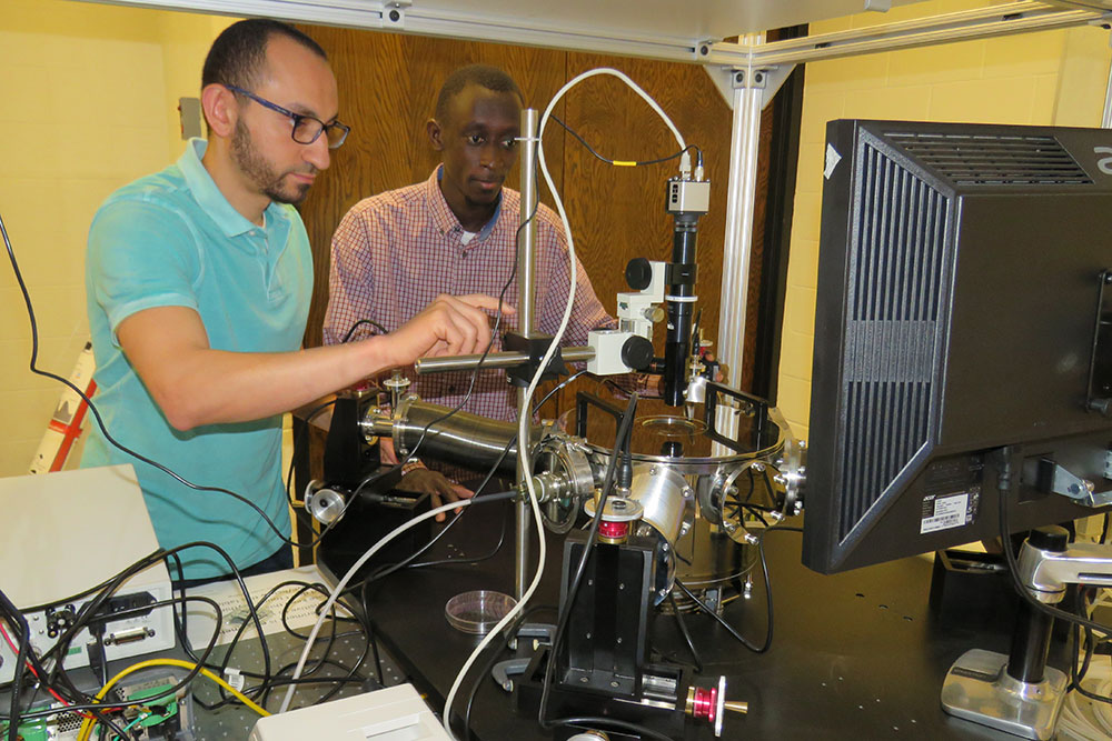 Sidy Ndao (right), assistant professor of mechanical and materials engineering, and graduate student Mahmoud Elzouka have created a thermal diode that will allow computers to use heat as an energy source to allow their operation in ultra-high temperatures.