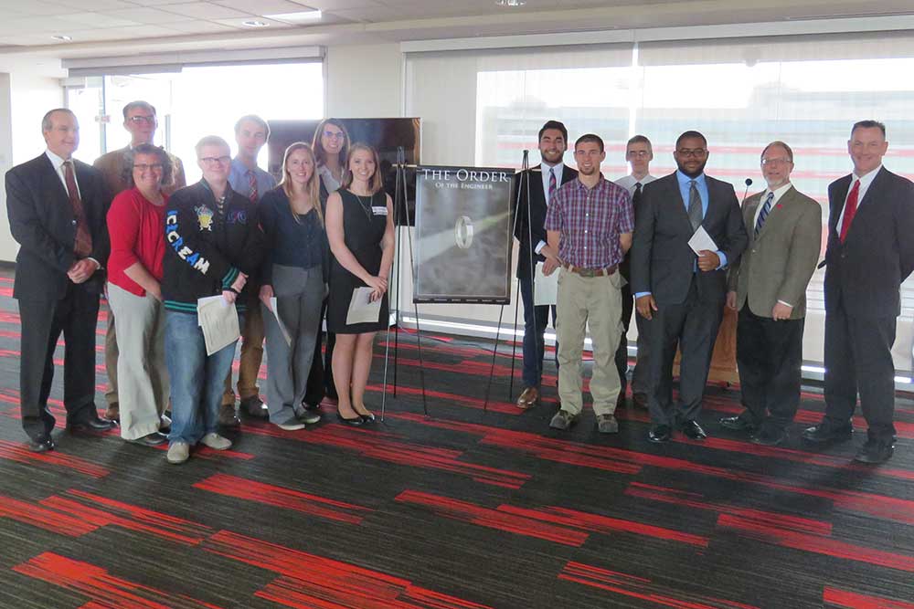 Nine students joined the Order of the Engineer on April 21 in a ceremony held in the Memorial Stadium East Stadium Club Level after the annual Senior Design Showcase.