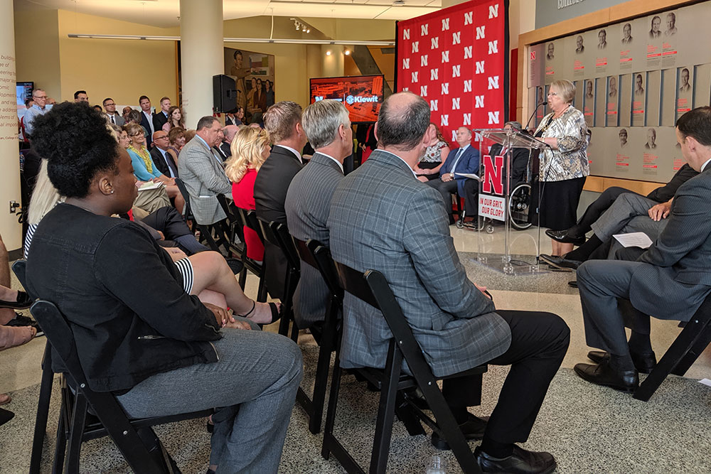 University of Nebraska interim president Susan Fritz speaks to the nearly 200 people who came to Othmer Hall to hear about the Peter Kiewit Sons', Inc. gift to the College of Engineering.