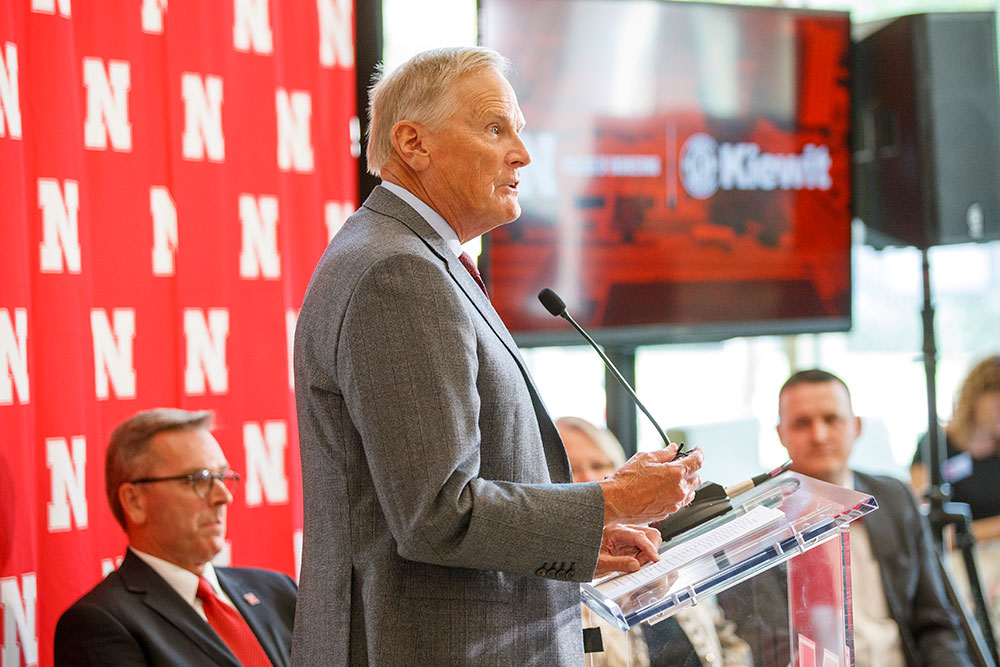 Bruce Grewcock (right), chairman and chief executive officer of Peter Kiewit Sons', Inc., says the new Nebraska Engineering building will make a difference to the state of Nebraska. 