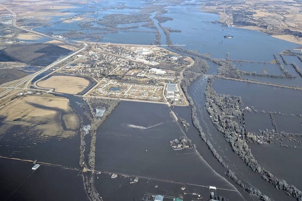 In this aerial photo, the Village of Waterloo is surrounded by flood waters from the Elkhorn River. 