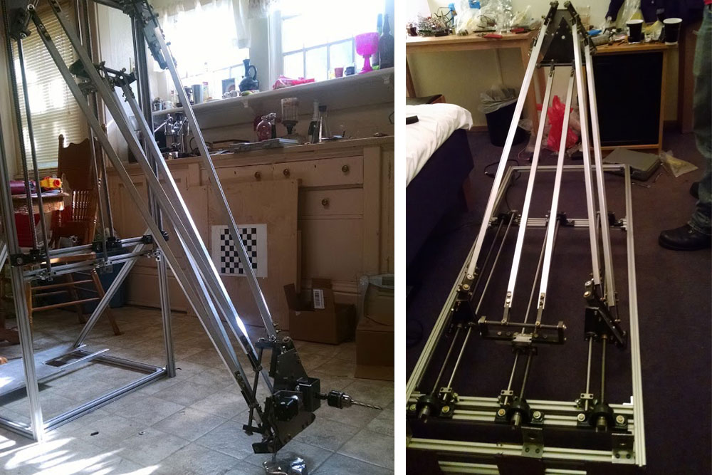 Mechanical engineering students Colton Bailey, Alex Drozda, Kyle Stewart and Tory Weeder designed a robot (left) that would automate the drilling process for airliner construction and had to assemble it in their hotel room in Sweden (right) before the Airbus Shopfloor Challenge in early June.