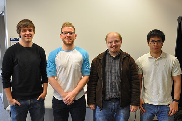 A team of UNL electrical and computer engineers - (from left) Ryan Durr, Heath Gress, Troy Green and Zeyang Cai - are developing a monitoring device that will help the Henry Doorly Zoo monitor its stingrays.