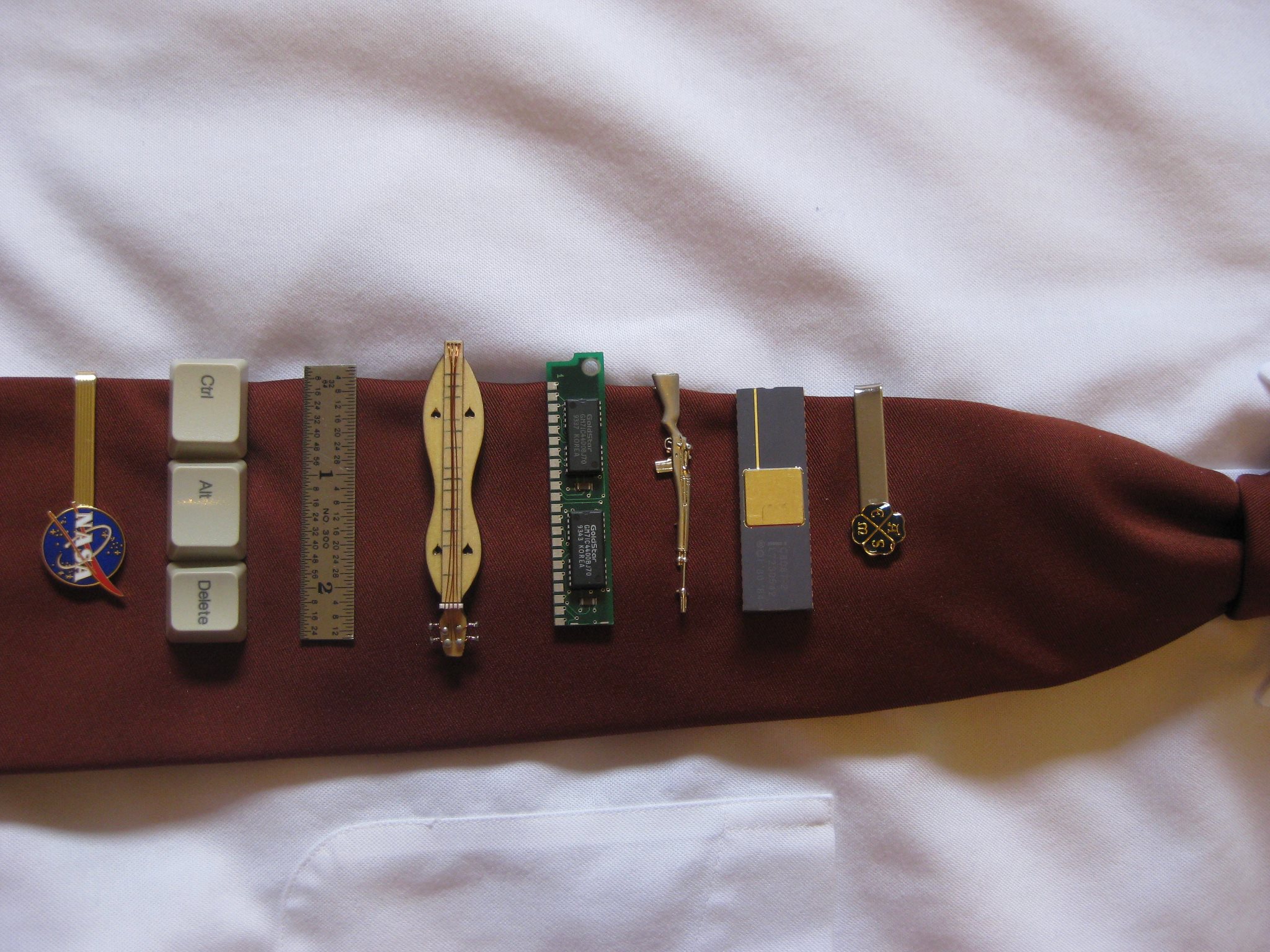 A collection of tie clips worn by Kevin Cole, professor of mechanical and materials engineering.