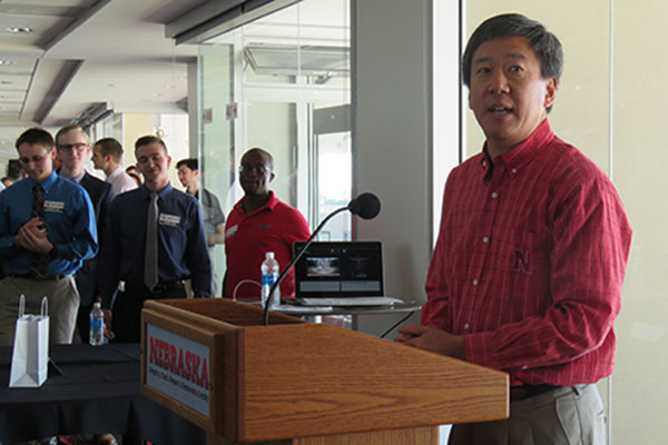 Tim Wei, the dean of the College of Engineering, makes the opening remarks April 22 to kick off the Senior Design Showcase in the East Stadium Club Level of Memorial Stadium.