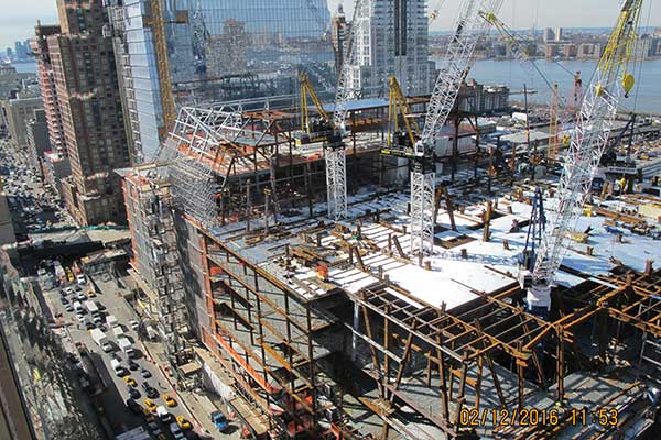 Work on the second tower continues in February as Hudson Yards, the largest real-estate development in U.S. history, takes up 28 acres of space on Manhattan's Far West Side.