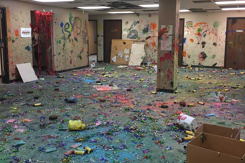 The walls, floors and columns in the former Civil Engineering offices are adorned with paint, powder, streamers and confetti after #LINKBASH, Thursday, Sept. 19.
