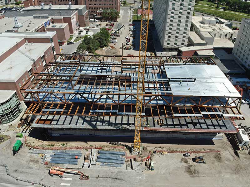 Aerial shot of construction going on at Kiewit Hall on the City Campus at the University of Nebraska-Lincoln.