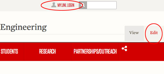 Image of top of the UNL web pages, with circles around how to login and edit your page