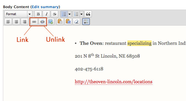 Screenshot of how to update a link in the UNL content management system.