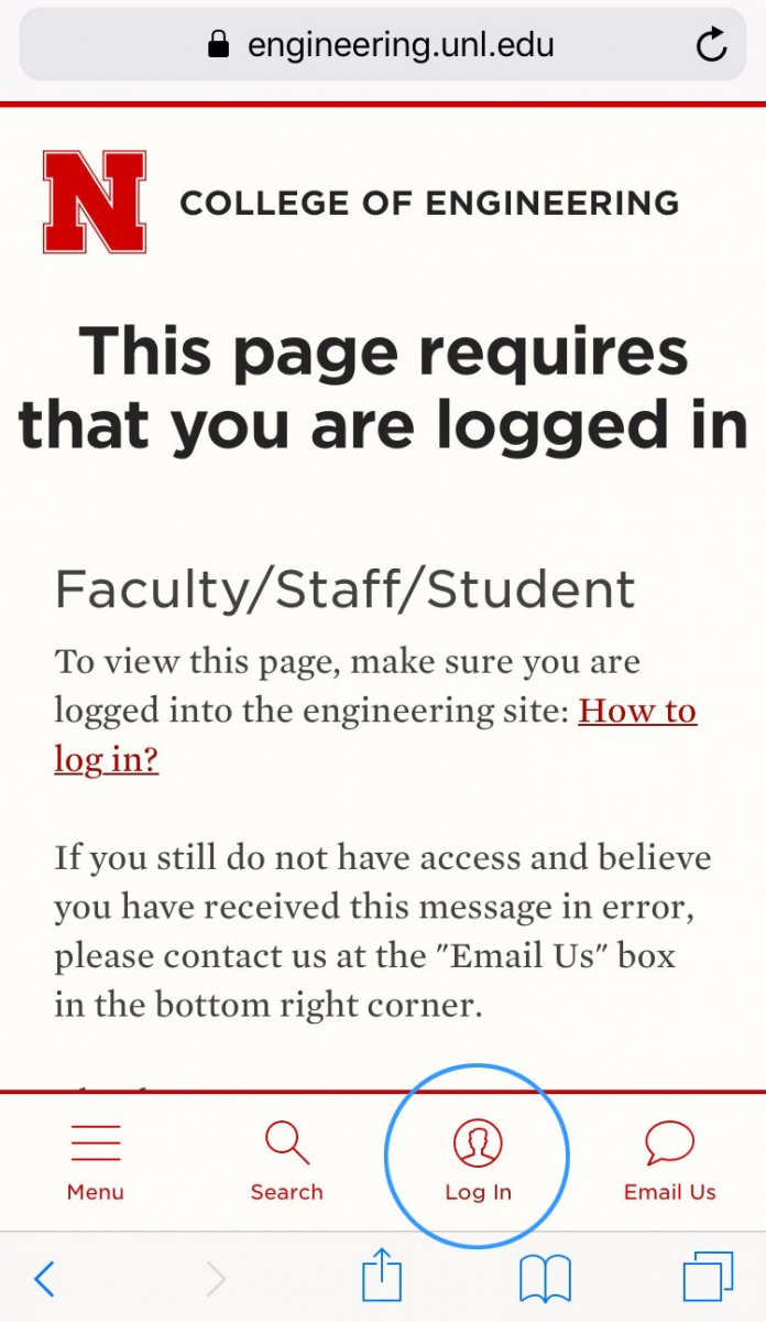 Image of Engineering mobile page, with circle around how to login into your page