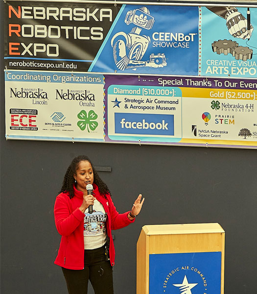 Alisa Gilmore speaking at the opening ceremonies of the Nebraska Robotics Expo in February 2020