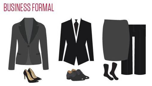 Business Formal Examples: Black or dark gray suit coat with slacks or skirt, ties and high heels or dress shoes