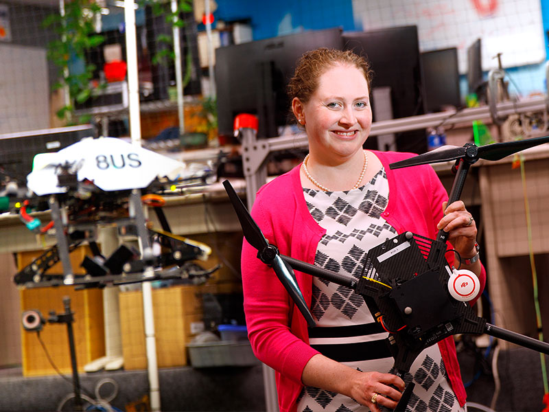 Associate professor Brittany Duncan with a drone from the NIMBUS Lab.