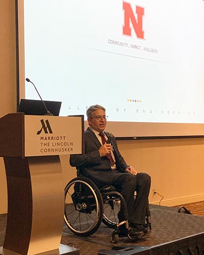 College of Engineering Dean Lance C. Pérez speaks at the 2021 Frontiers in Education (FIE) Conference in Lincoln, Nebraska.