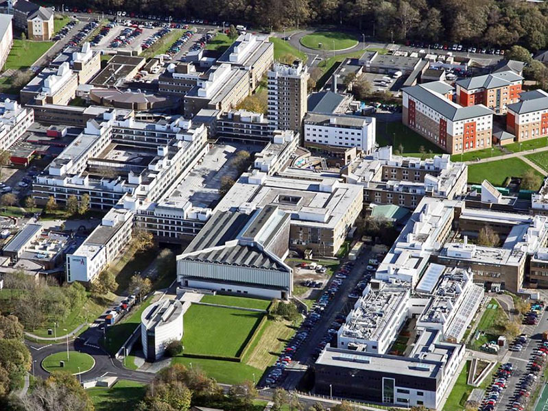 Aerial photo of Lancaster University campus.