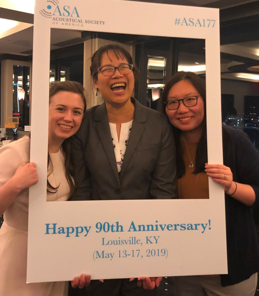 Dr. Wang at Acoustical Society of America meeting (May 2019) with two of her graduates (Laura Brill, MS'17; Ellen Peng, PhD'14)