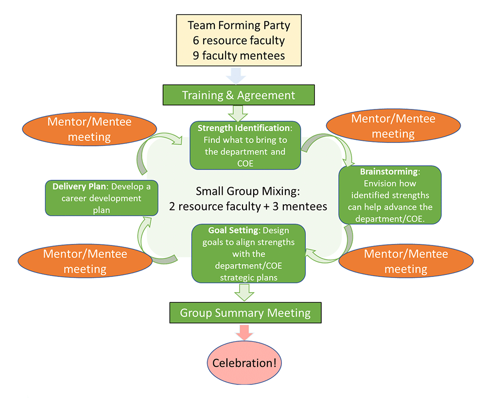 Diagram of the Overall Structure: Team Forming Party of 6 resource faculty and 9 faculty mentees. This includes Training & Agreement that include: Mentor and Mentee meetings, Strength Identification, Delivery Plan, Brainstorming & Goal Setting and ends with a Group Summary Meeting and Celebration!