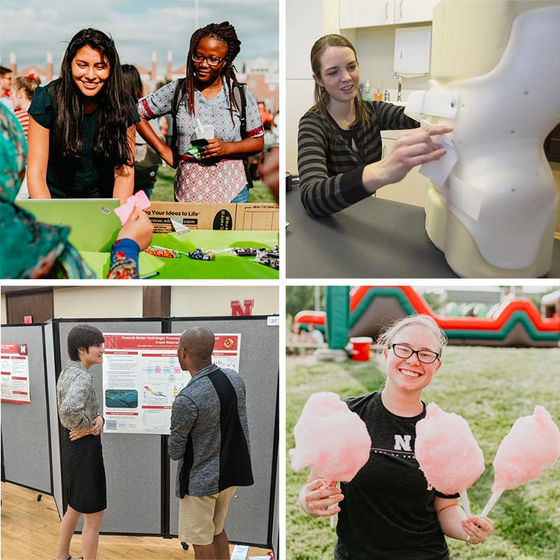 collage of photos: Top Left - 2 students at Rock The Block. Top Right - Student doing research. Bottom Left - Student talking about her research poster. Bottom Right - Student enjoys some cotton candy.