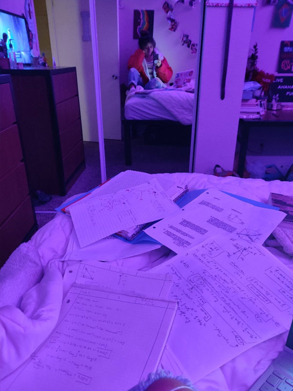 Stephanie having a late study night with her roommate (working on Dynamics).