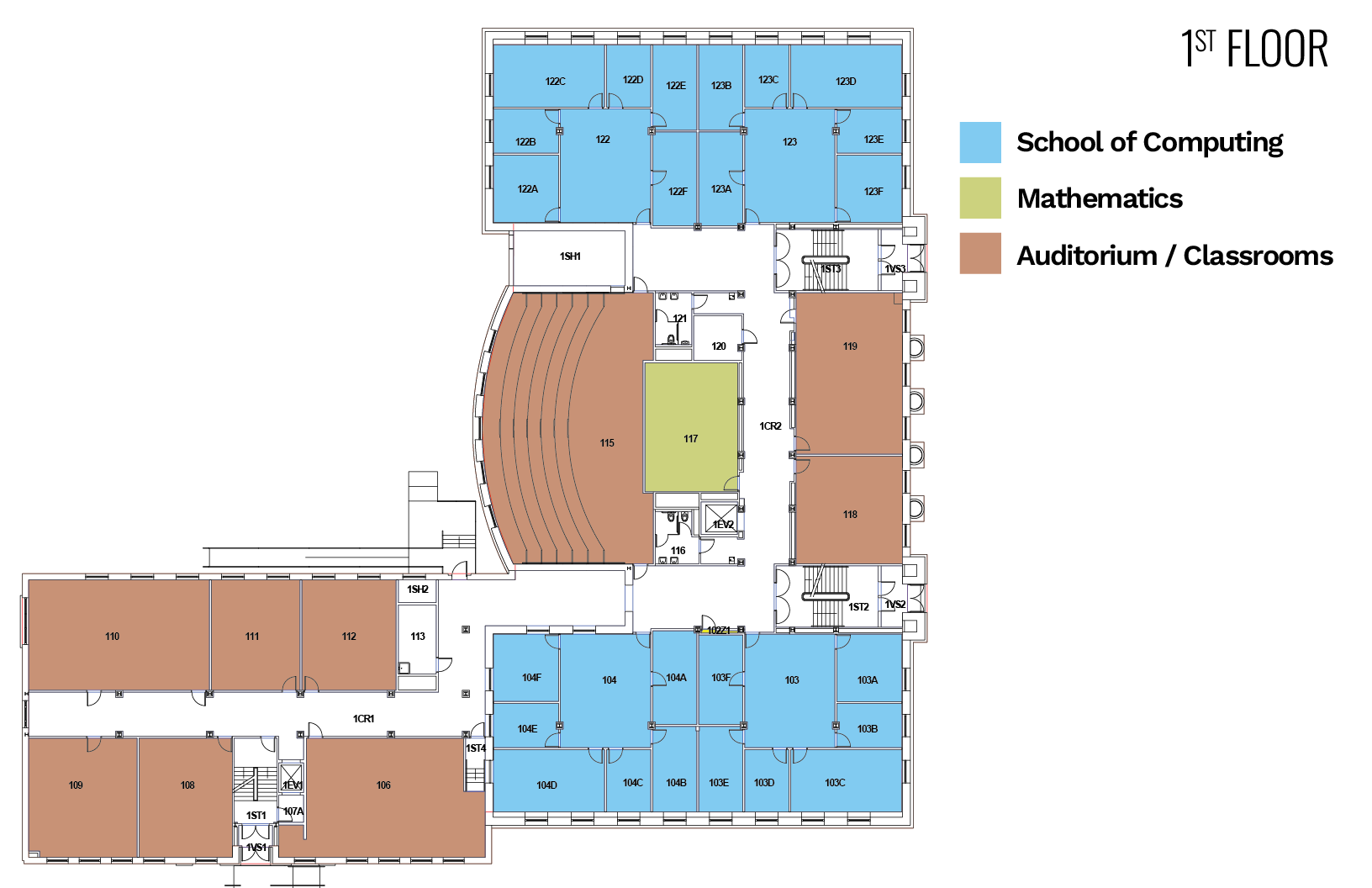 First floor layout with labeled rooms for Computing, Mathematics, and Auditorium/Classrooms.