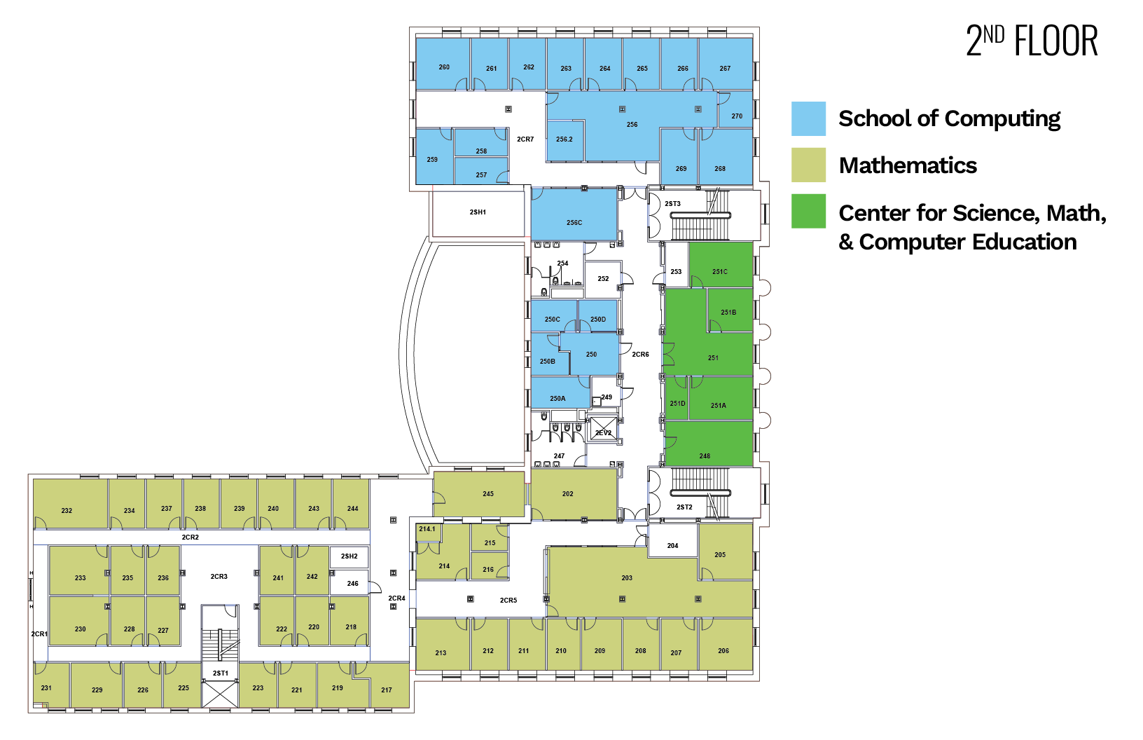 Floor plan with labeled areas: blue for School of Computing, green for Education, yellow for Mathematics.