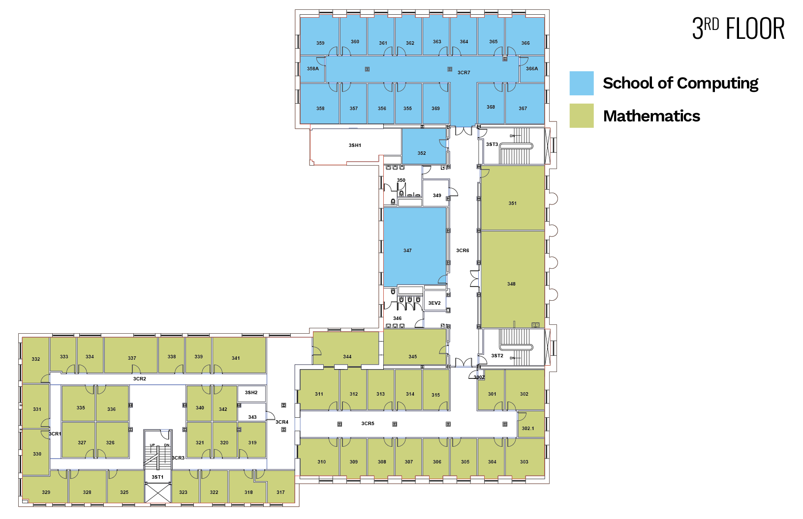 Floor plan of the third floor with blue for School of Computing and green for Mathematics sections.