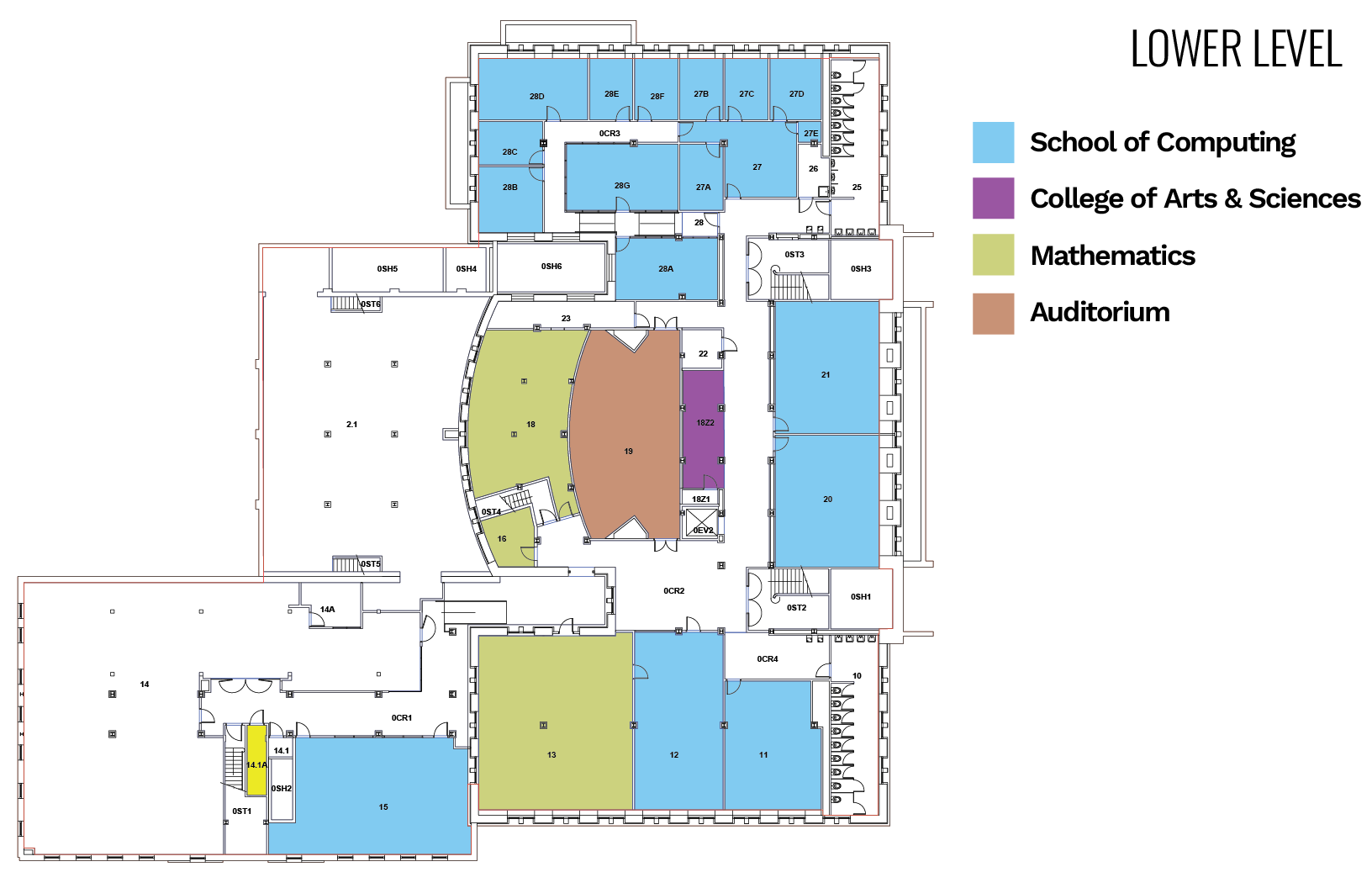 Floor plan labeled "Lower Level," showing color-coded sections for different academic departments.
