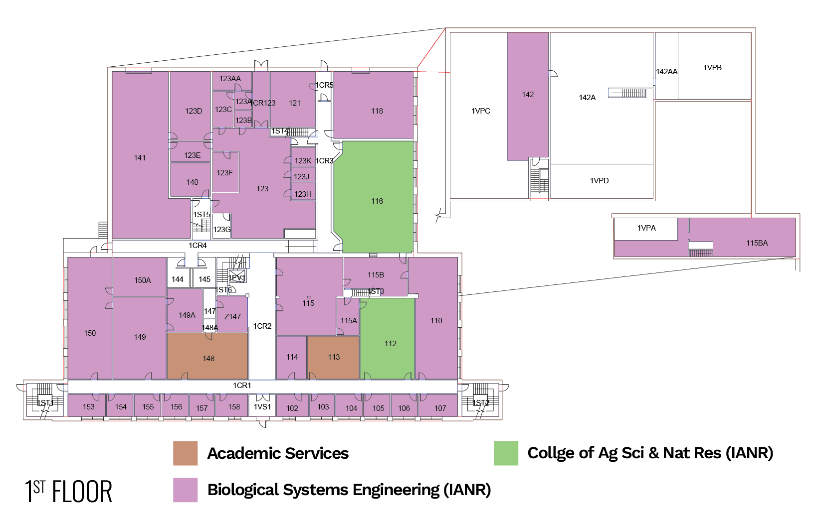 Floor plan of the first floor with color-coded areas for Academic Services, College of Ag Sci &amp; Nat Res, and Biological Systems Engineering.