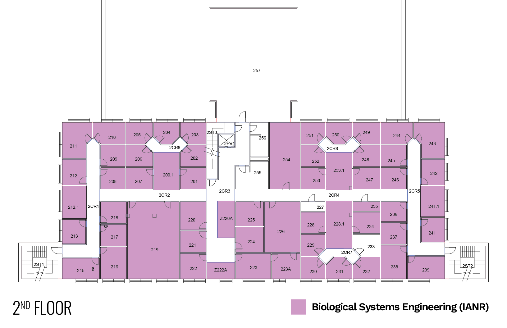 Floor plan of the second floor highlighting Biological Systems Engineering (IANR) in purple.