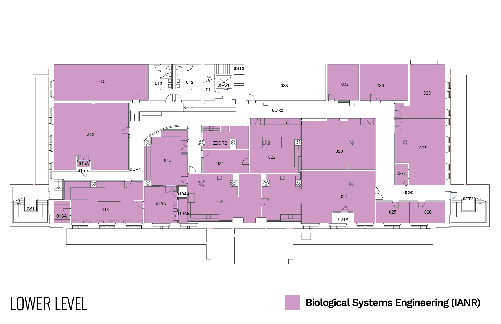 Lower level floor plan highlighting Biological Systems Engineering (IANR) areas in purple.
