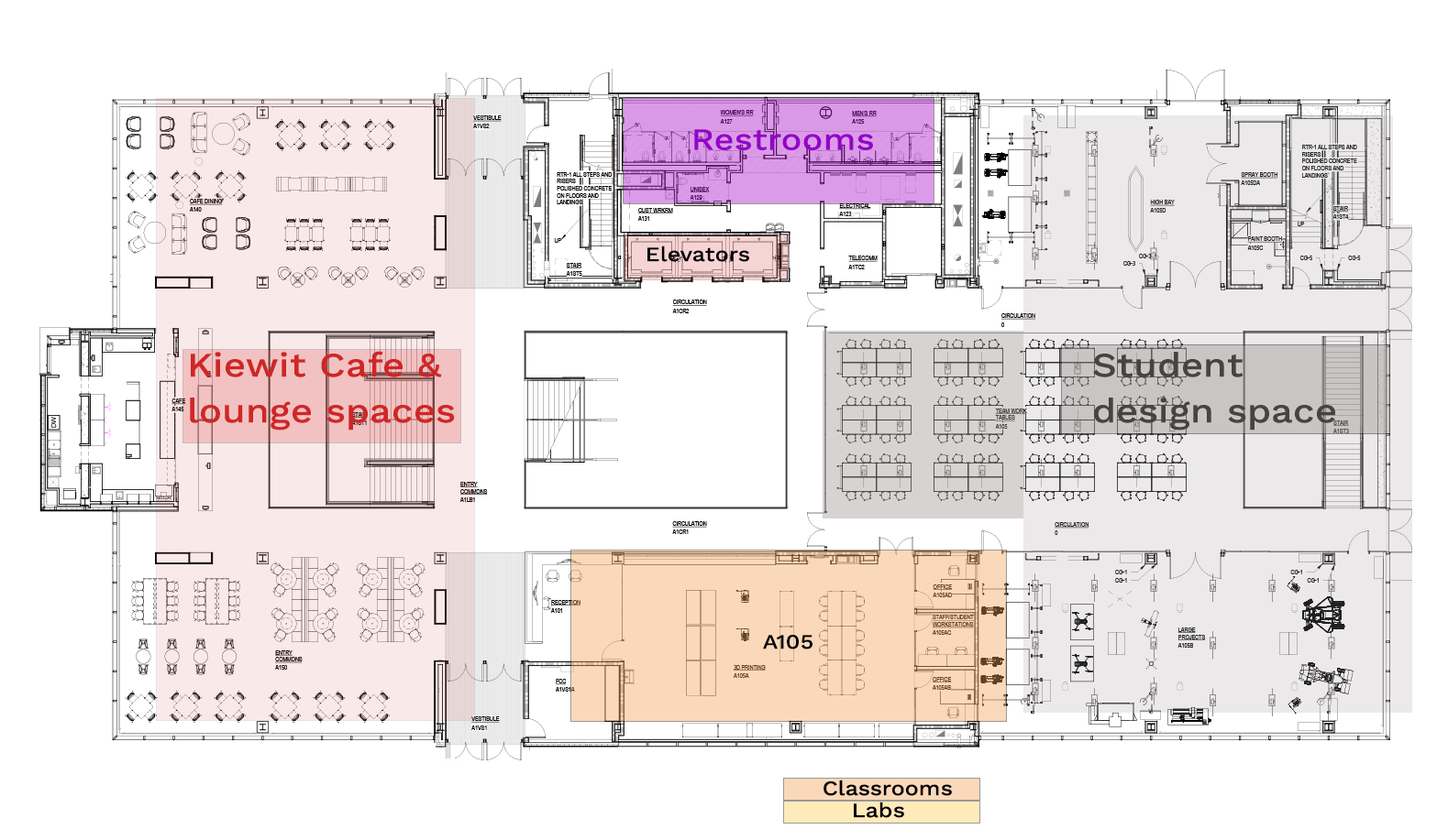 Floor plan with labeled areas: Kiewit Cafe, restrooms, elevators, student design space, classrooms, and labs.