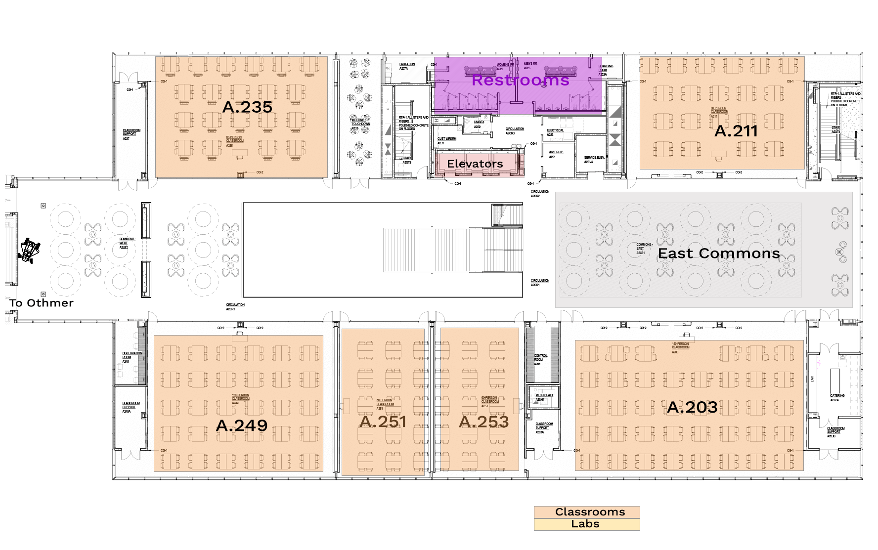 Floor plan showing classrooms, labs, restrooms, elevators, and East Commons in labeled sections.