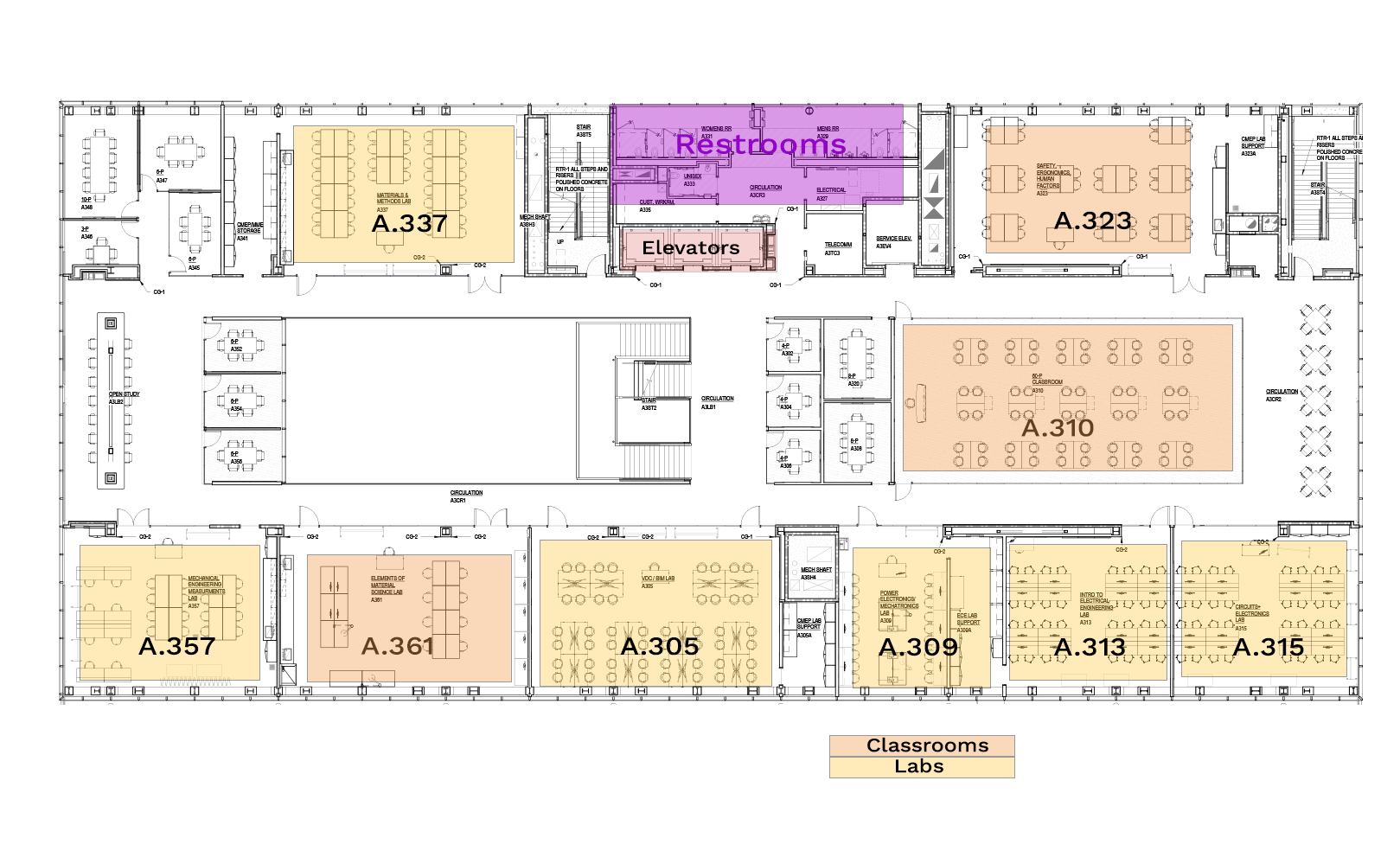 Floor plan with labeled classrooms, labs, restrooms, and elevators.