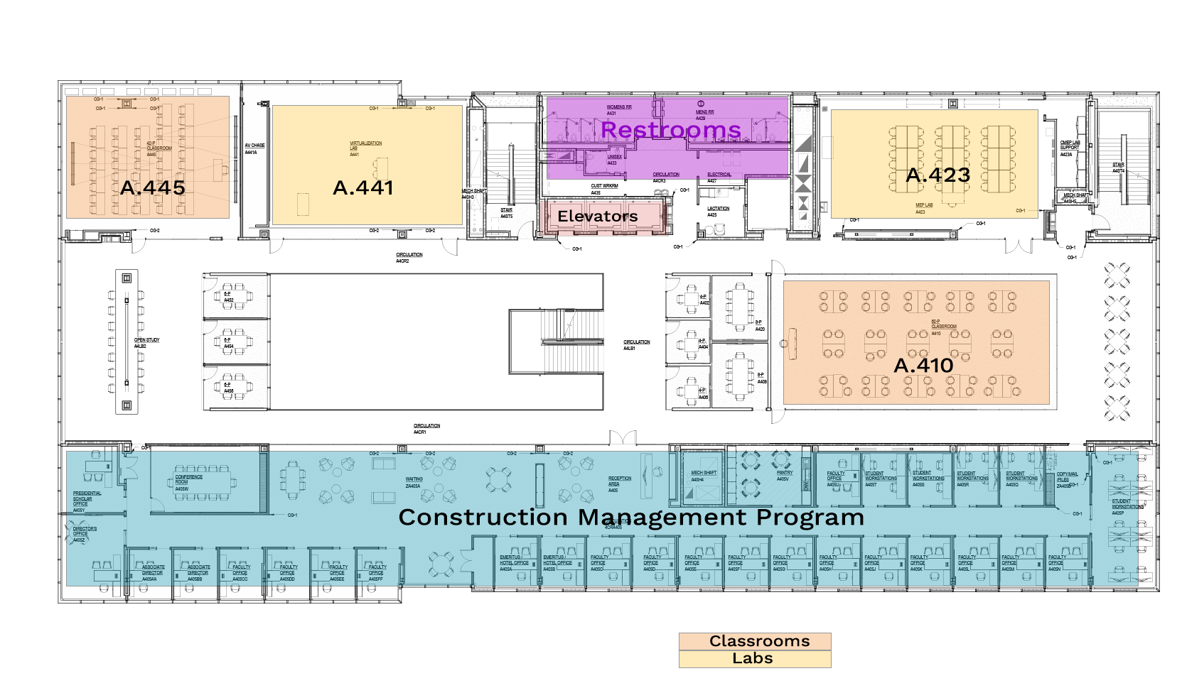 Floor plan with labeled classrooms, labs, restrooms, elevators, and areas for Construction Management Program.