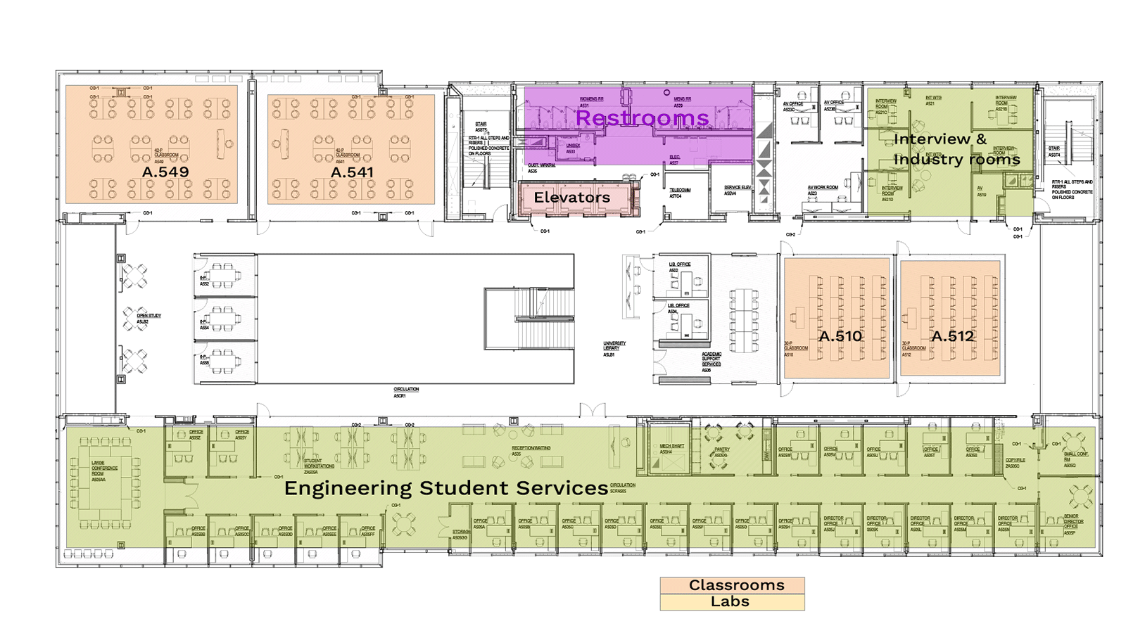 Floor plan showing classrooms, labs, restrooms, elevators, and student services area.