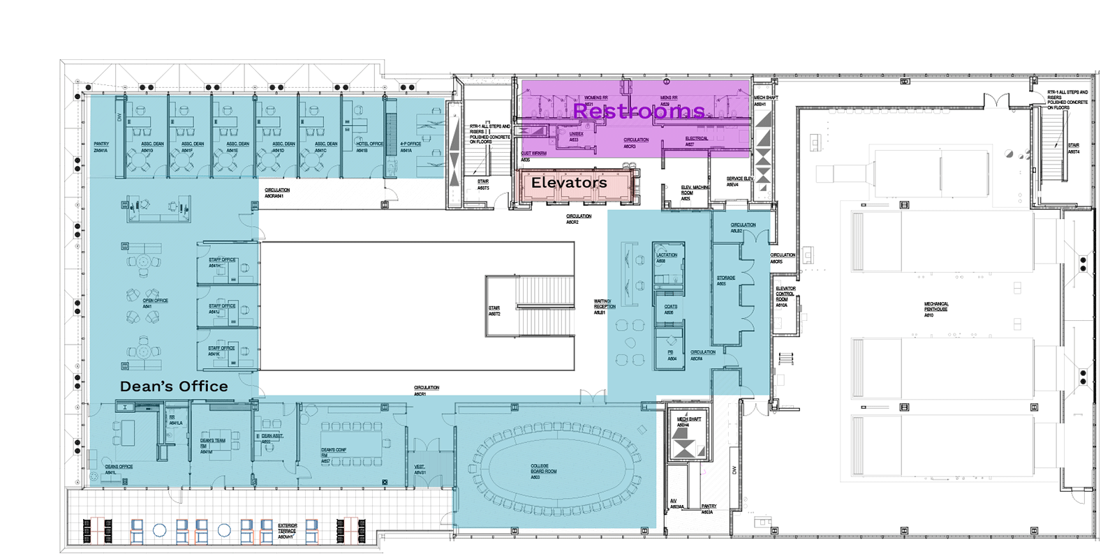 Floor plan highlighting Dean's Office in blue, restrooms in purple, and elevators near the center.