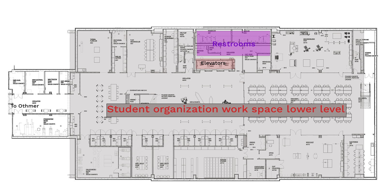 Floor layout of a student organization workspace, restrooms, elevator, and various rooms marked.