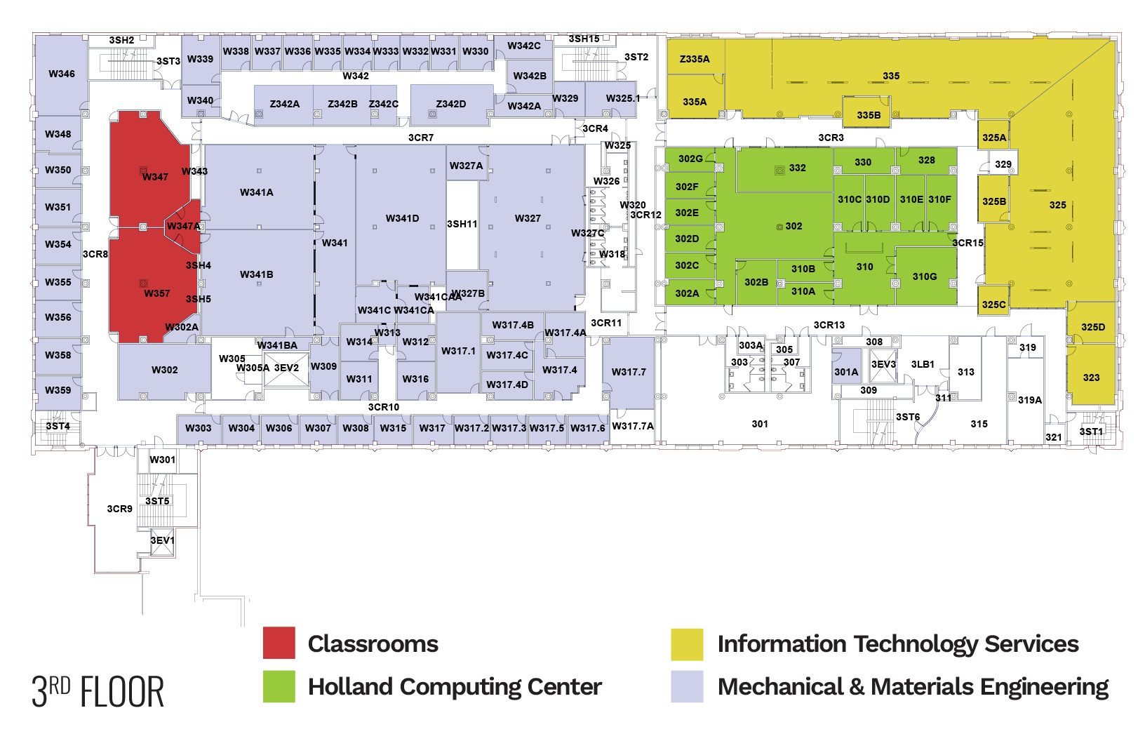 Third-floor layout with color-coded sections for classrooms, IT services, computing center, and engineering.