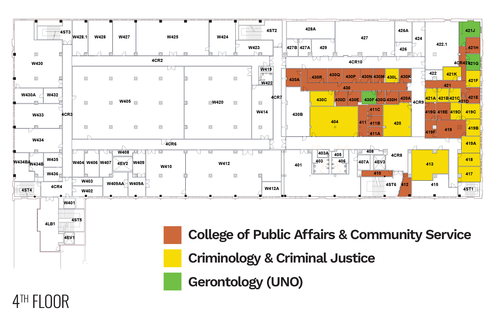 4th floor building map with color-coded areas for departments: brown, yellow, and green sections.