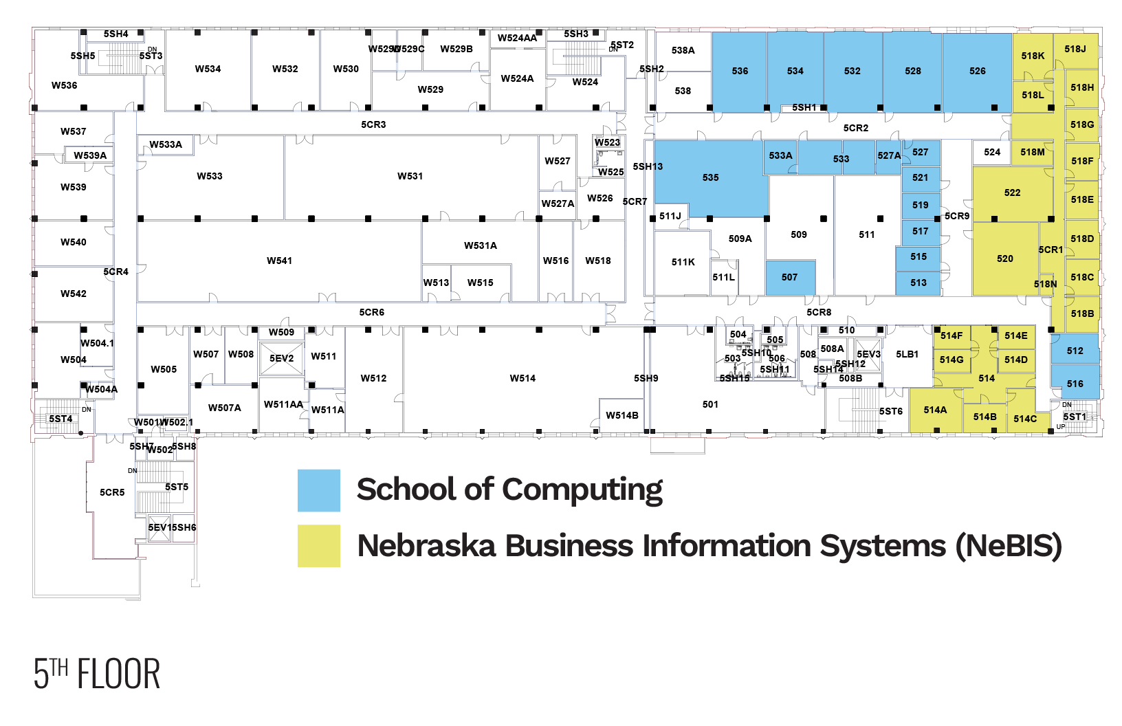 Floor plan of the 5th floor showing areas for the School of Computing in blue and NeBIS in yellow.