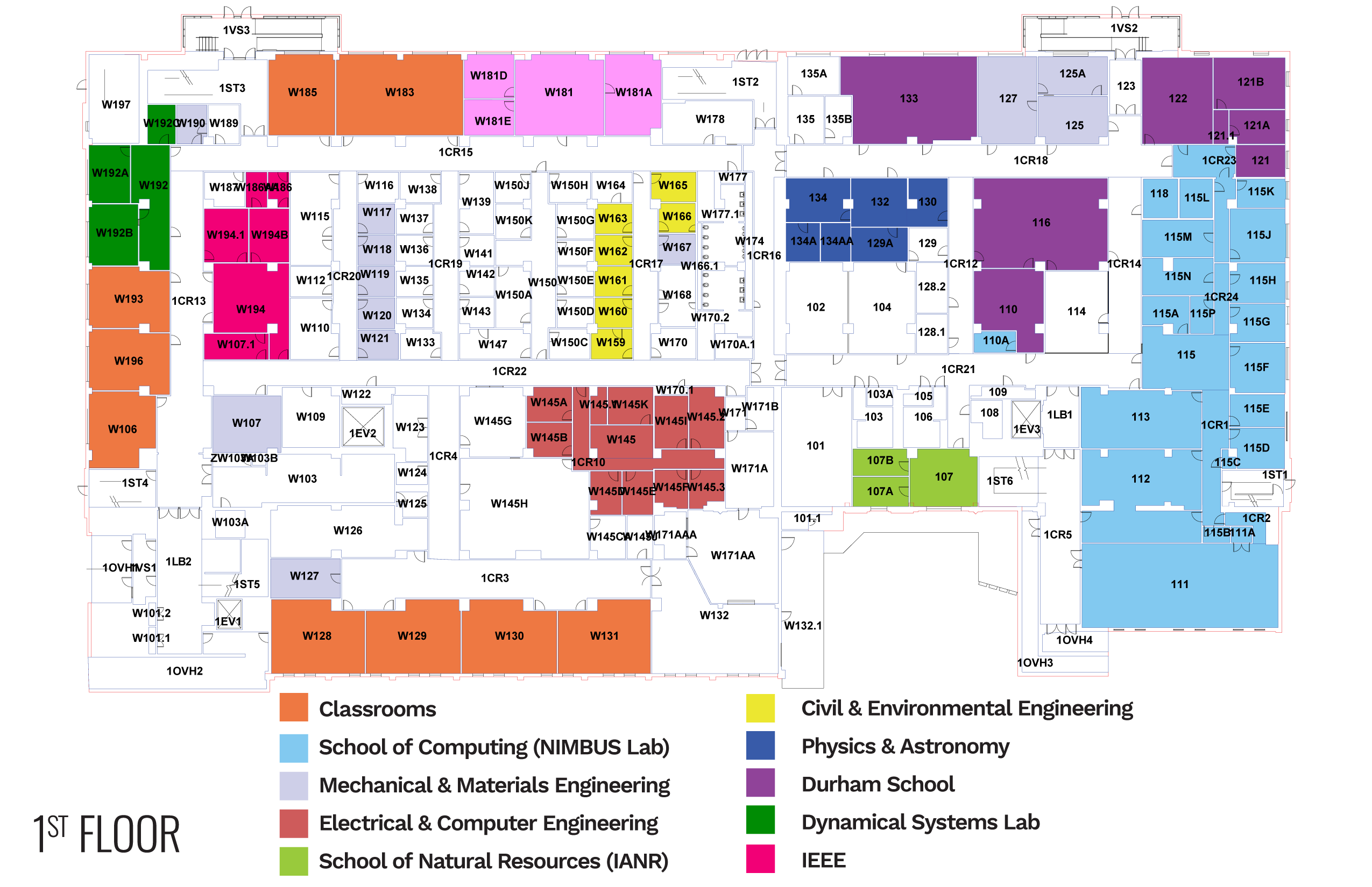 First floor map with color-coded sections for various engineering schools and classrooms.