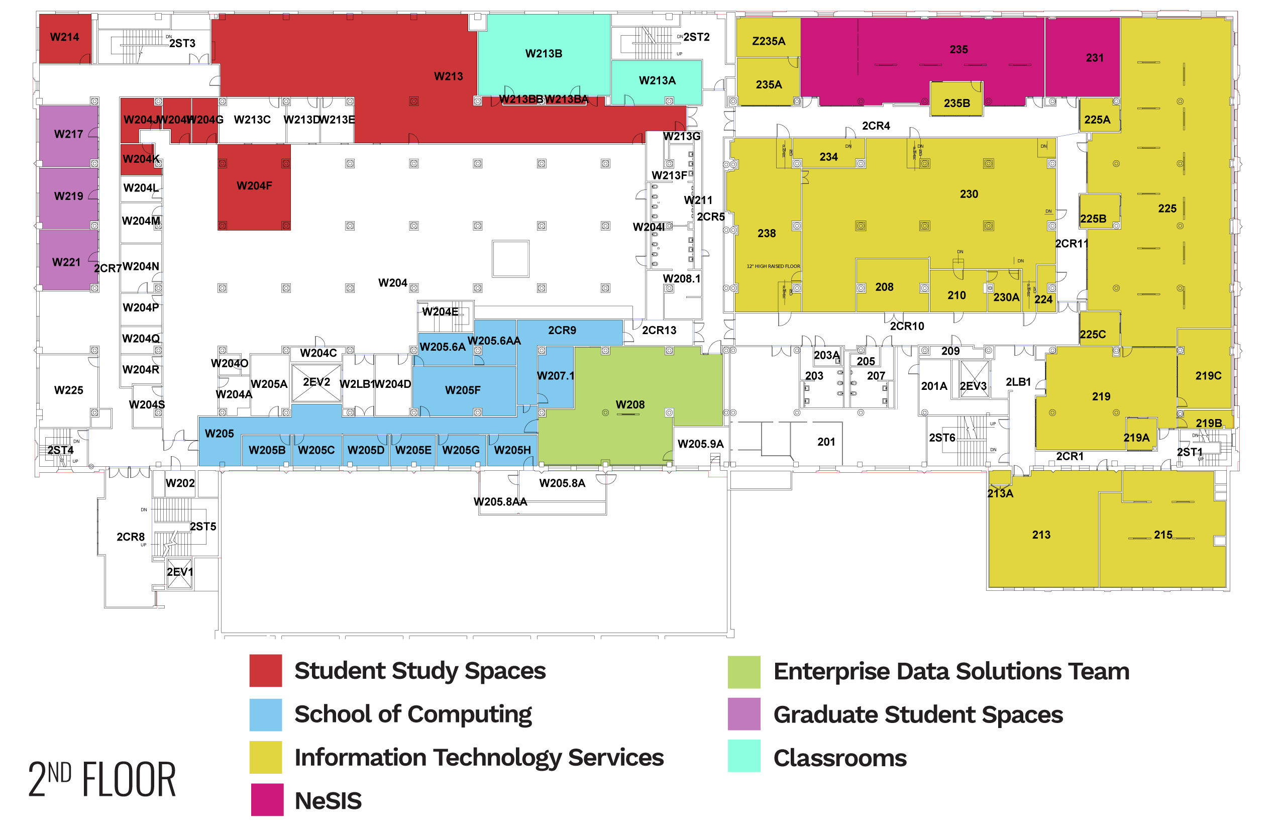 Second floor layout with color-coded areas for study spaces, computing, IT, classrooms, and offices.