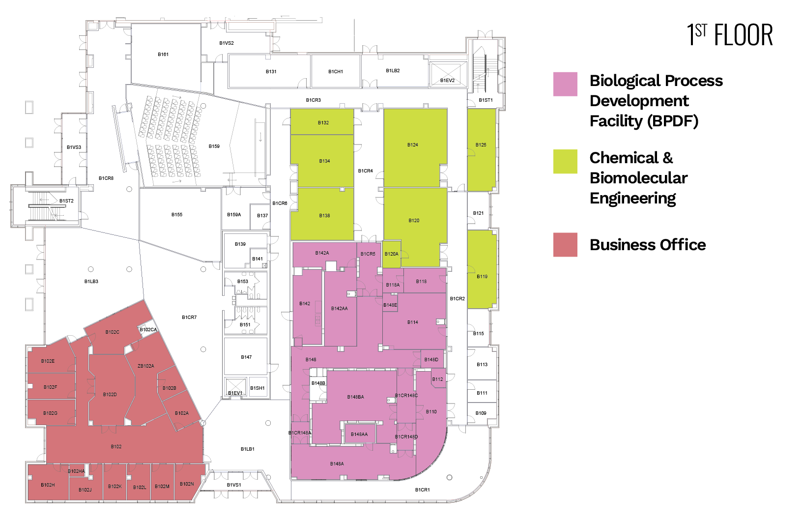 First floor layout with color-coded sections for BPDF, Chemical &amp; Biomolecular Engineering, and Business Office.