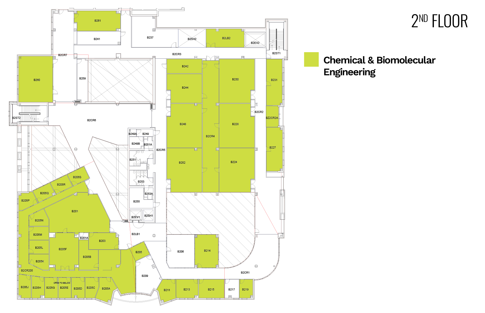 Floor plan of the second floor highlighting Chemical &amp; Biomolecular Engineering areas in green.