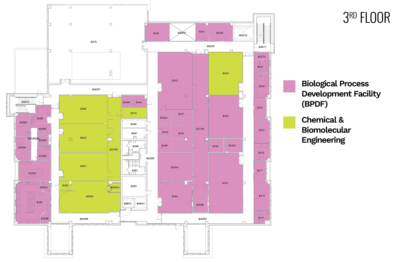 Floor plan of the third floor, showing purple and green areas for BPDF and Chemical Engineering.